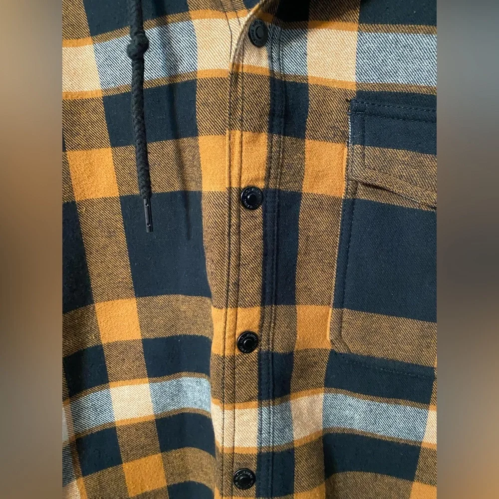 Wolverine Men's Large Black Orange Plaid Shirt Jacket with hood Christmas